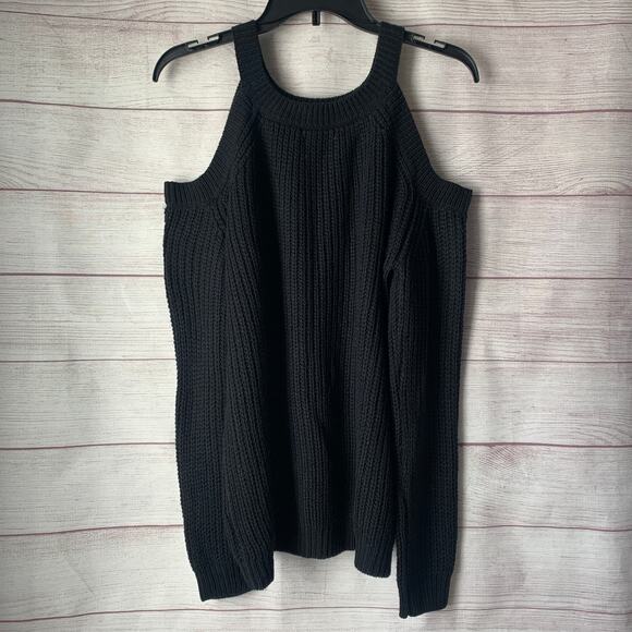 Cozy Casual Black Cold Shoulder Ribbed Knit Sweater Long Sleeves Size S/M - Picture 1 of 16